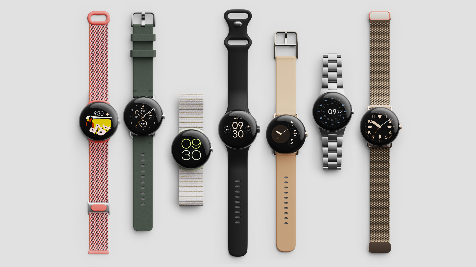 Siete relojes Pixel dispuestos en diferentes pulseras