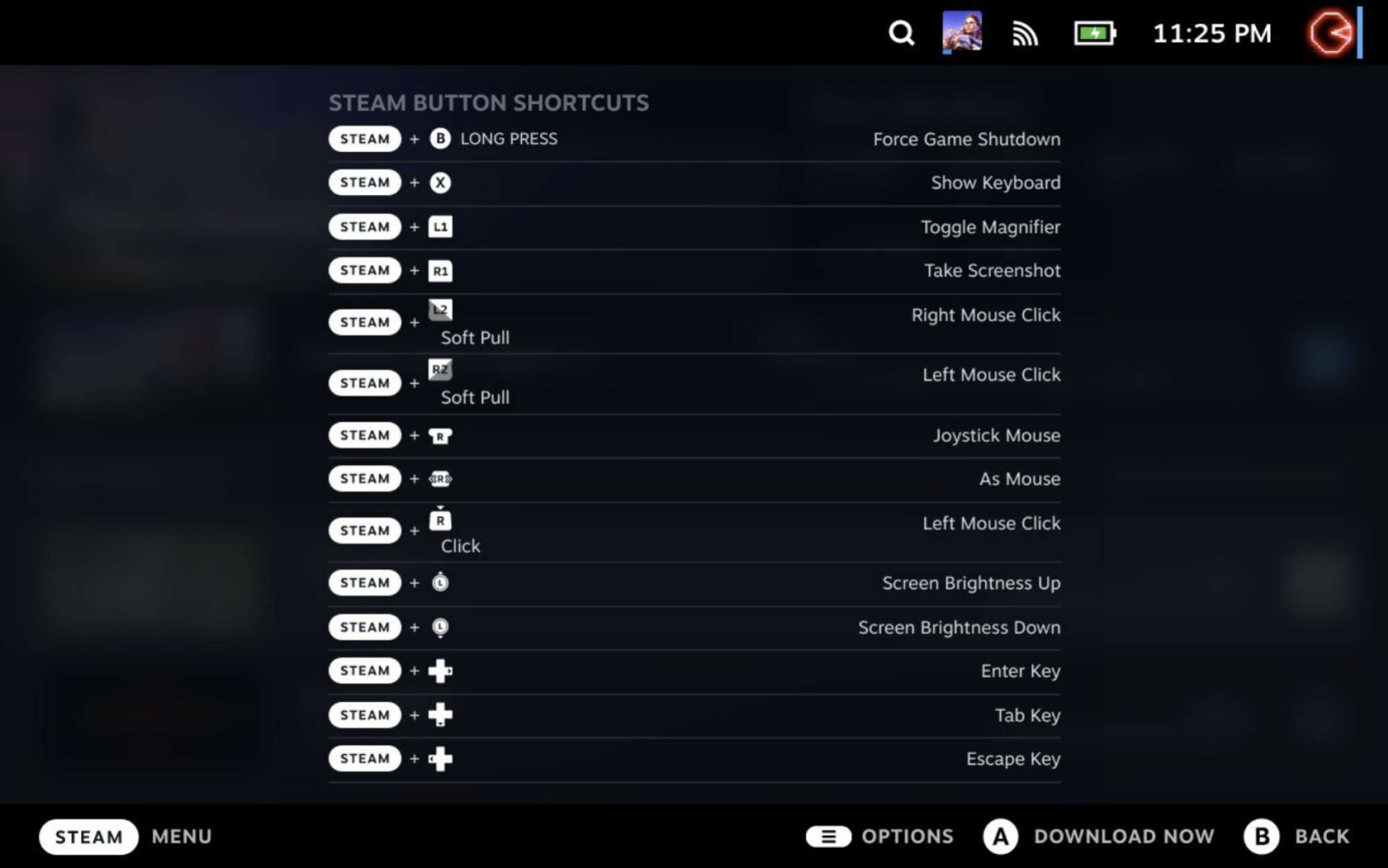 Una captura de pantalla de la lista de comandos de acceso directo de Steam Deck.